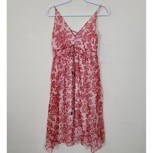 Y2K‎ Babydoll Silk Red Dress Womens 8 Boho Fairy Romantic Floral Midi Dainty